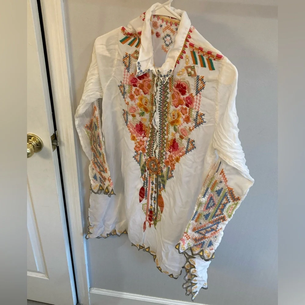 Johnny Was Size Small White Georgette Festival Tunic Embroidered Bohemian - Picture 3 of 8